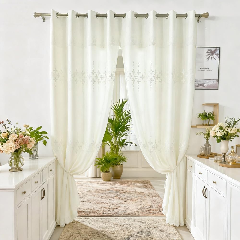 Amidoudou 1 Pair Double Layer Curtains with Valances for Living Room Flower Shaped Embroidered Curtains for Bedroom (Beige,54x84 Inch)