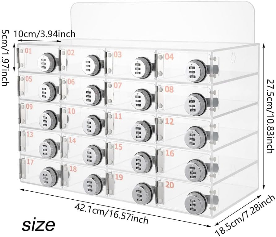 20-Slot Acrylic Phone Locker Box, Wall-Mounted Clear Cell Phone Locker with Combination Lock, Cell Phone Storage Cabinet Bin for Classroom, Schools, Offices, Gyms and Public Spaces