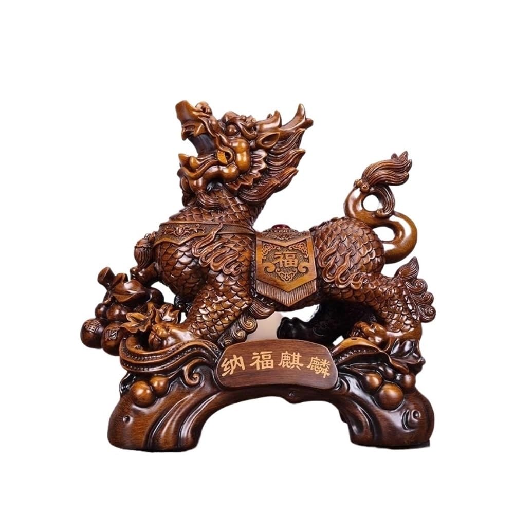 zhuyanbo007 Desk Statue, Qilin ornamental living room feng shui decoration, handmade entrance hall lucky charm(Brown)