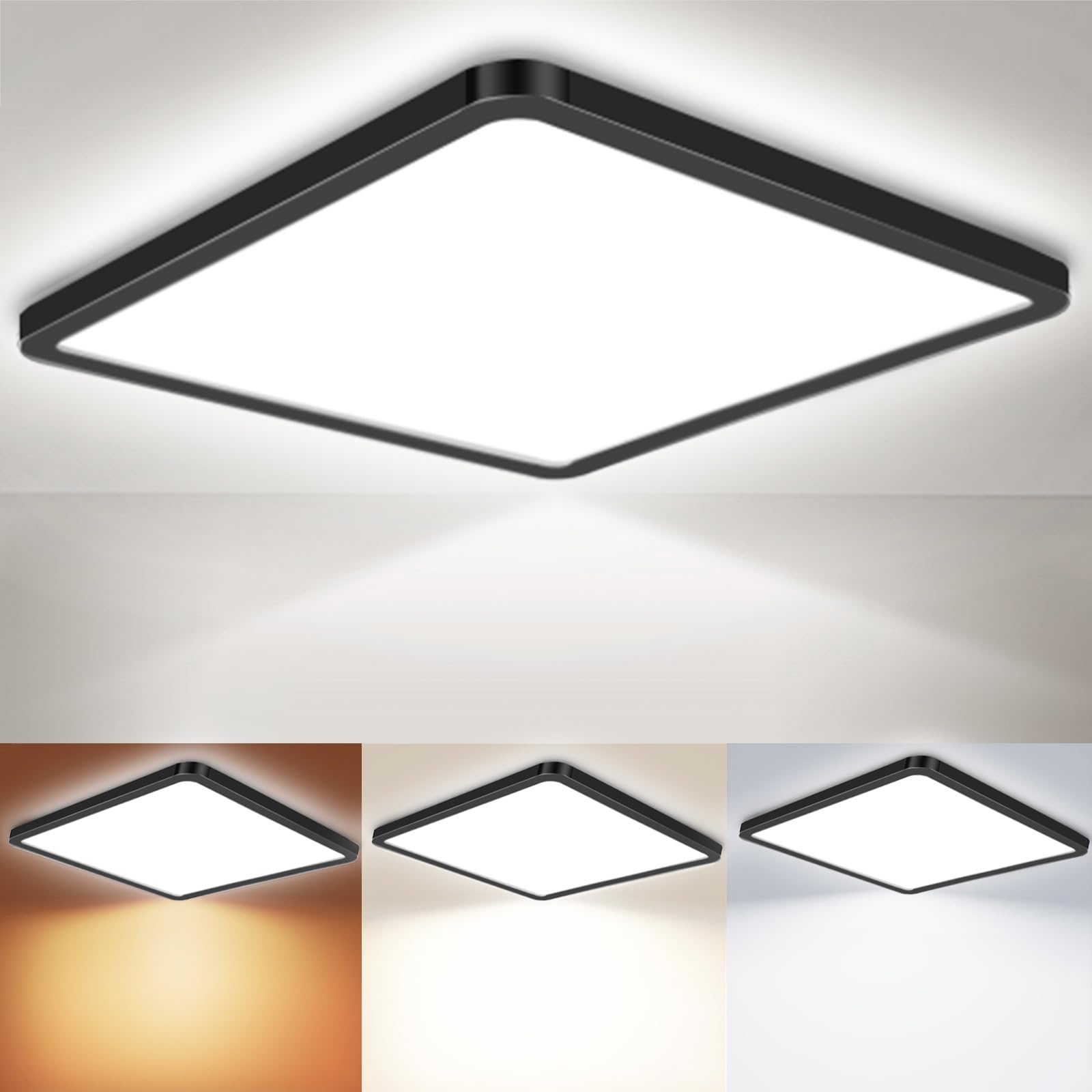LED Deckenleuchte 32W 6000K/4000K/3000K, 4000LM IP54 Ultra Dünn Deckenlampe, Flach Quadrat Modern Badezimmer Lampe Küchenlampe für Flur Schlafzimmer Balkon Wohnzimmer Ø45CM, Schwarz 1Stücke