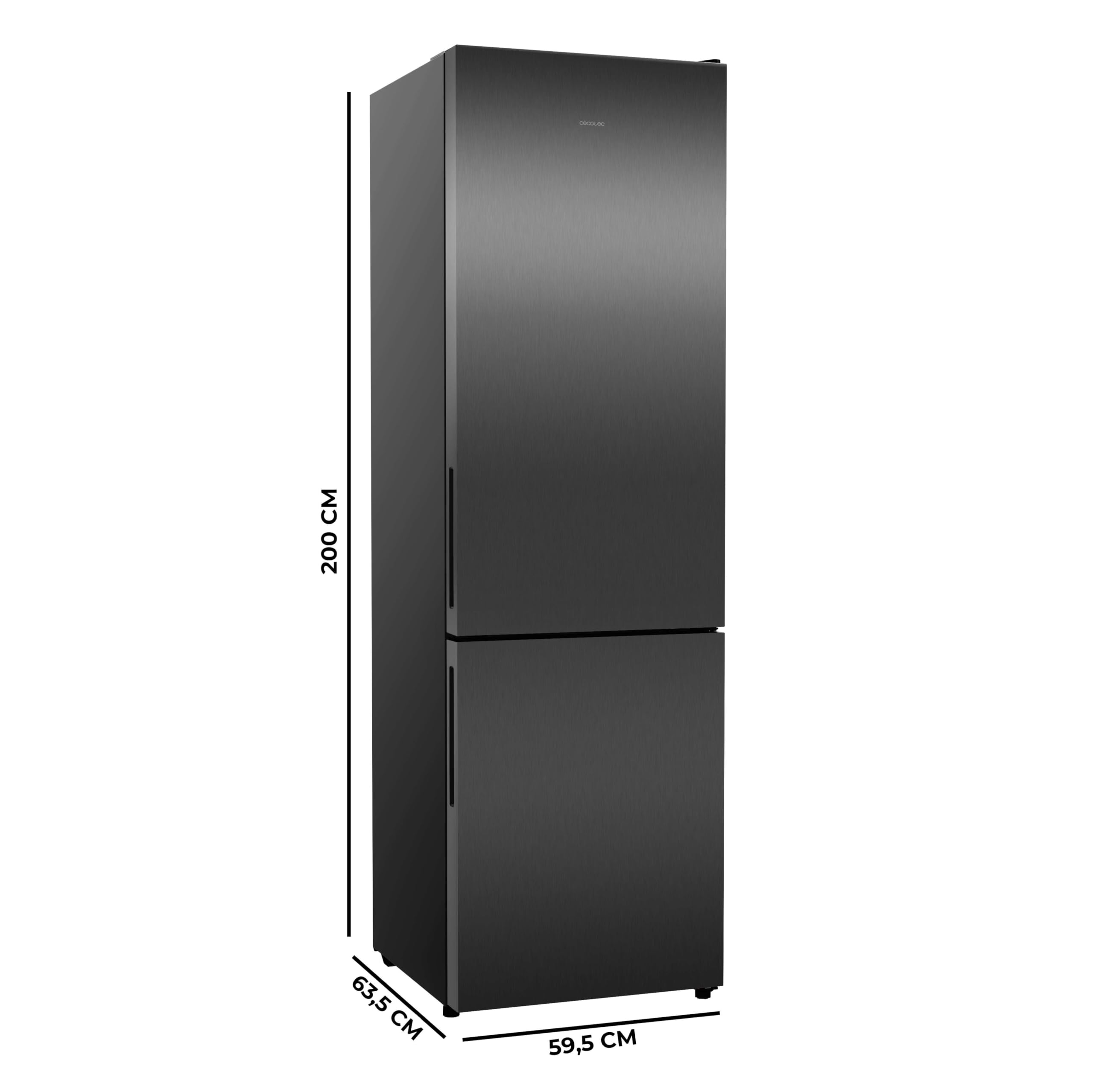 Cecotec Réfrigérateur Combiné Bolero CoolMarket Combi 356i Dark E. 200 cm de hauteur, 59,5 cm de largeur, Classe E, Technologie Multi Airflow, FreshnessFlex et HumidityFlex HUB, Dark Inox.