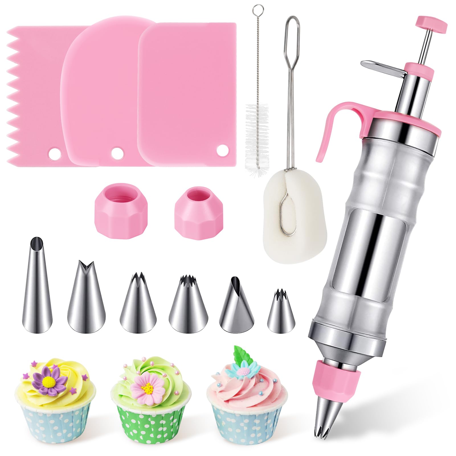 Juego de jeringas de acero inoxidable para decoración de pasteles, con 6 boquillas y 3 raspadores, pistola de glaseado para pasteles, cupcakes, herramientas de horneado para familia, profesional