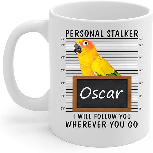 Lovesout Personal Stalker I Will Follow You Sun Conure Parrot - Taza de café con nombre personalizado, taza de cerámica blanca, 11 onzas
