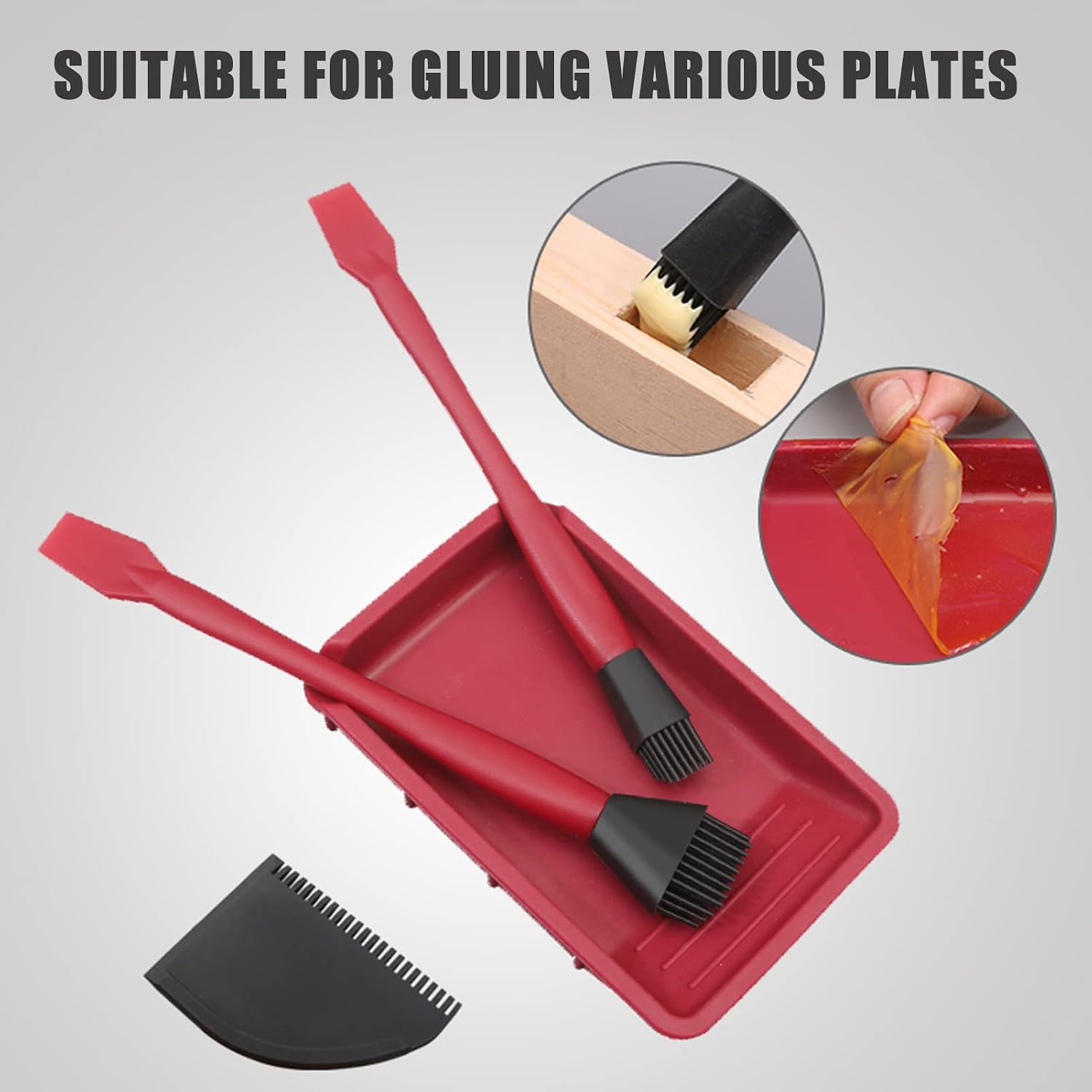 Wood Glue Applicator, Silicone Glue Brush, Woodwork Spreader Applicator Set with 2 Brushes, 1 Comb, and 1 Tray for Woodworking