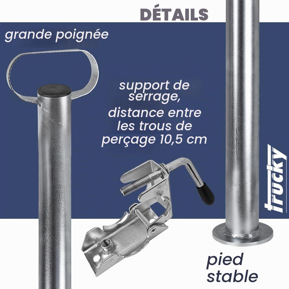 Trucky Set de 2 crics de remorque avec Pinces, 300 kg, Acier galvanisé, Hauteur réglable de 60 cm 600 mm, 48 mm