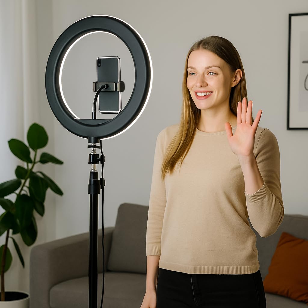 Selfie Ringlicht mit Stativ 30,5 cm – LED Ring Light mit 3 Farbtemperaturen (3000K/4000K/6500K), USB-Anschluss, höhenverstellbar bis 2,1 m – ideal für Make-up, Vlogging & Video