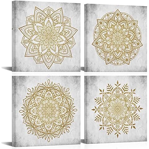 HOMEOART Lienzo decorativo mandala dorado gris flores bohemio Cover
