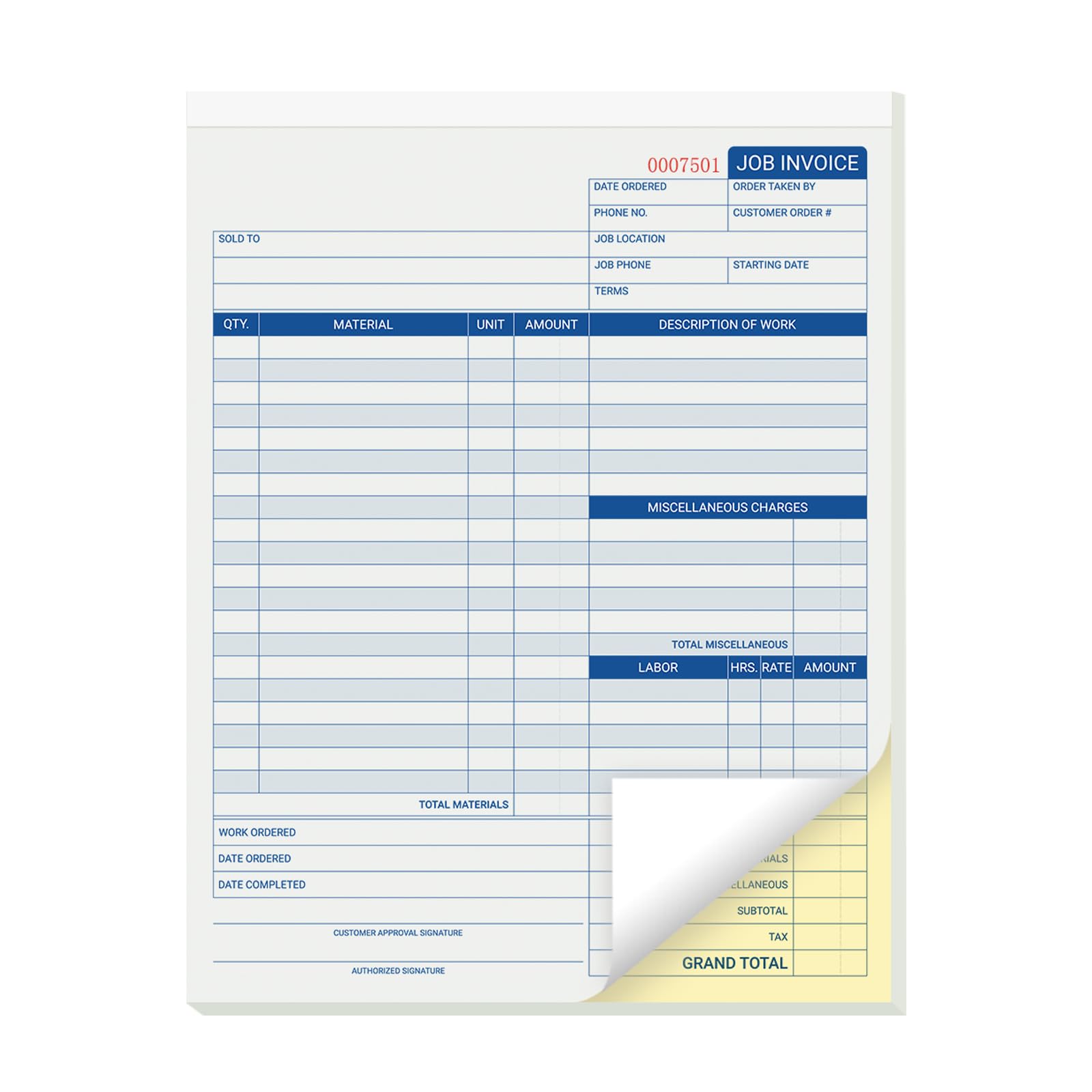 suituts 50 Sets Job Invoice Forms, 2 Part Carbonless, 8.5X11 Inch Work Order Forms for Service and Repair Billing (50 Sets Each Pad, 1 Pad)