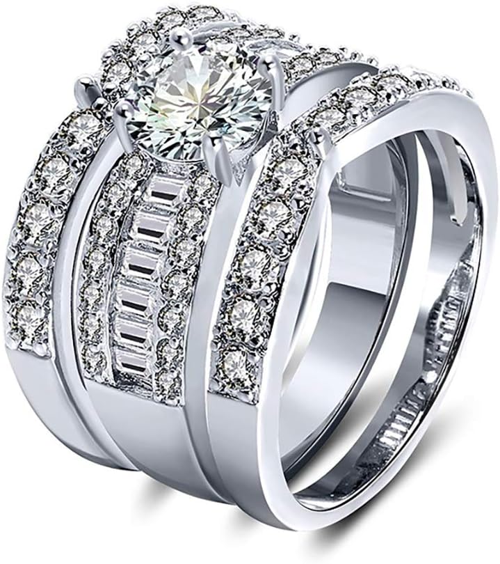 Enchantment Wedding Ring Set for Women by Ginger Lyne | White Gold Plated 3pc Engagement Ring with 2 Matching Cubic Zirconia Wedding Bands | Bridal Jewelry for Wife or Girlfriend