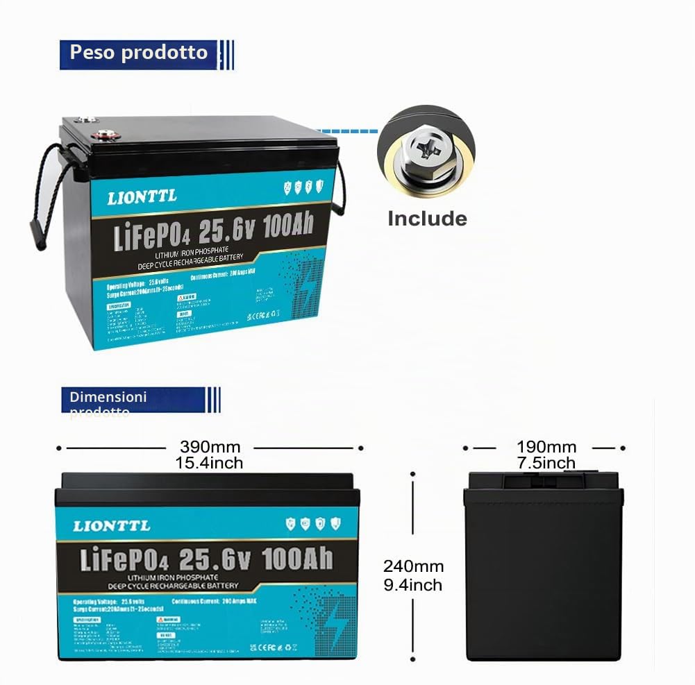 Batterie a lunga durata,Batteria LiFePO4 da 24 V (25,6 V) 100 AH, | 5000 + Deep Cycle, batteria ricaricabile agli ioni di litio con BMS, Per impianti fotovoltaici e campeggio all'aperto.