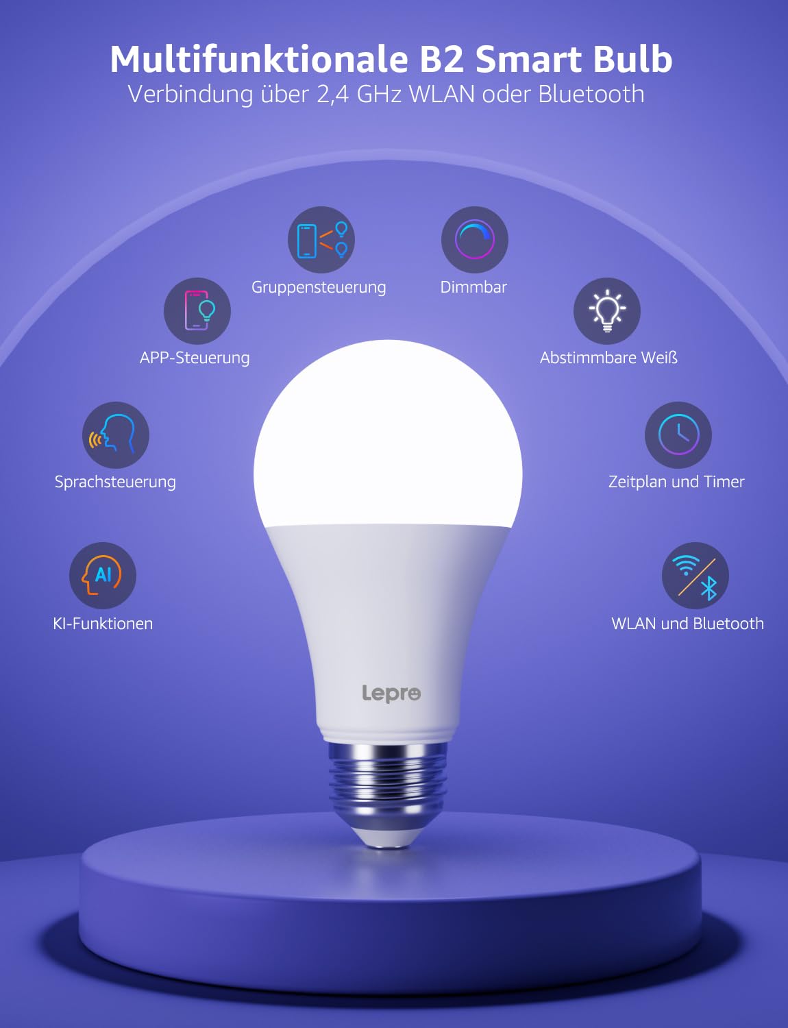 Lepro AI Smart Glühbirne B2, E27 lampe 10W 1100lm Dimmbar, Personalisierter KI-Lichtdesigner, Sprachsteuerung/Musik Sync, WiFi & Bluetooth Smart Bulb, Kompatibel mit Alexa/Google Assistant, 4 Stück
