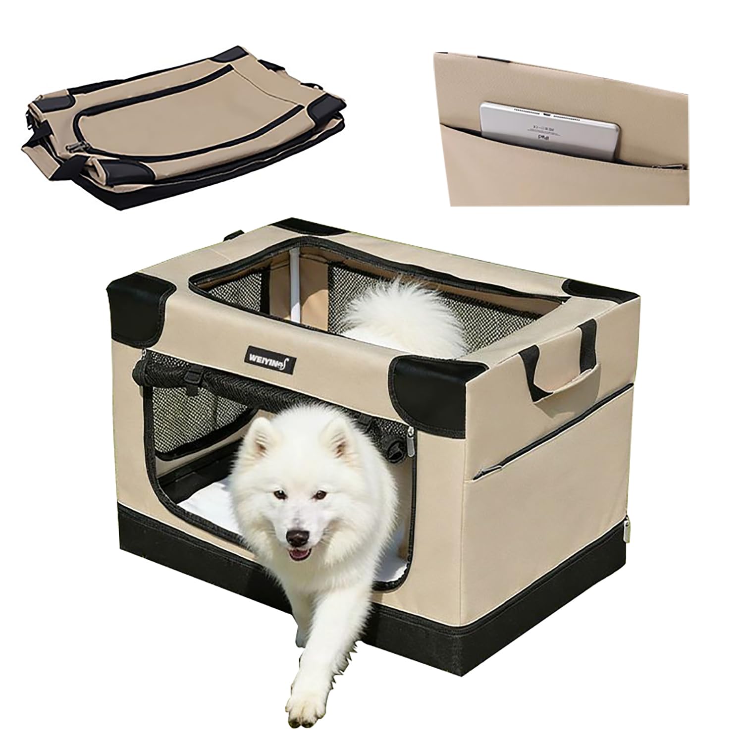 Transportin Perro Grande,Caja Plegable para Perros Medianos,Bolsa Plegable,Ventanas de Red Resistentes y Inserto de Cama de Felpa para Casa y Viaje(82x59x59 cm)