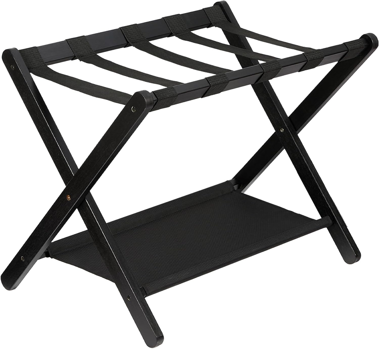 Folding Bamboo Luggage Rack with Storage Shelf, Upgraded Bamboo Suitcase Stand with Durable Nylon Straps, Holds Up to 110 Lbs, Ideal for Bedrooms, Guest Rooms, Living Rooms, Hotels, 2 Pack, Black