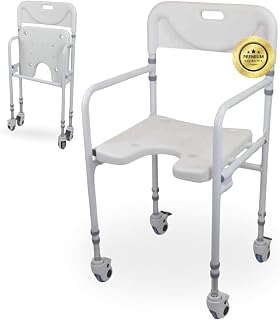 OrtoPrime Silla Ducha Personas Mayores Forma U con Ruedas Silla Baño Adultos Plegable - Silla Ducha Mayores Ortopédica - Silla de Baño Taburete Ducha para Mayores con Respaldo Altura Regulable