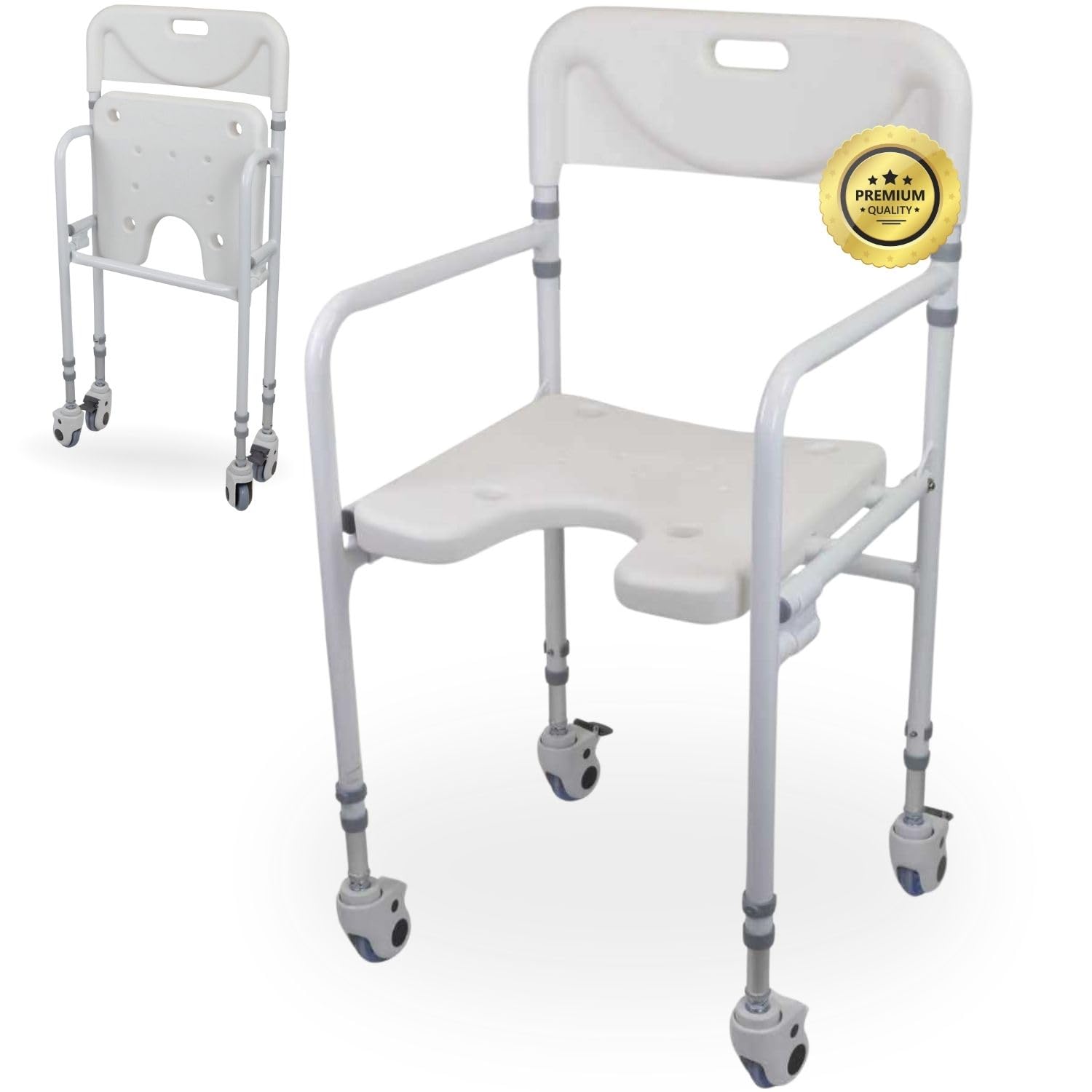 OrtoPrime Silla Ducha Personas Mayores Forma U con Ruedas Silla Baño Adultos Plegable - Silla Ducha Mayores Ortopédica - Silla de Baño Taburete Ducha para Mayores con Respaldo Altura Regulable