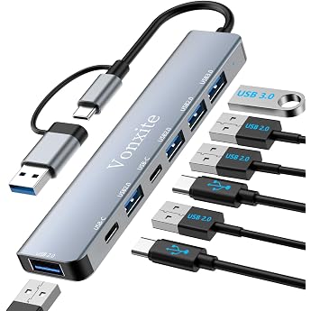 USB Hub 3.0 7 in 1 USB C Hub Multiport Adapter with 1 x USB 3.0 4 x USB 2.0 2 x USB-C 5 Gbps High Speed USB C Splitter Made of Aluminium for MacBook/Surface/XPS/PC/PS5/PS4/Laptops/Tablet etc.