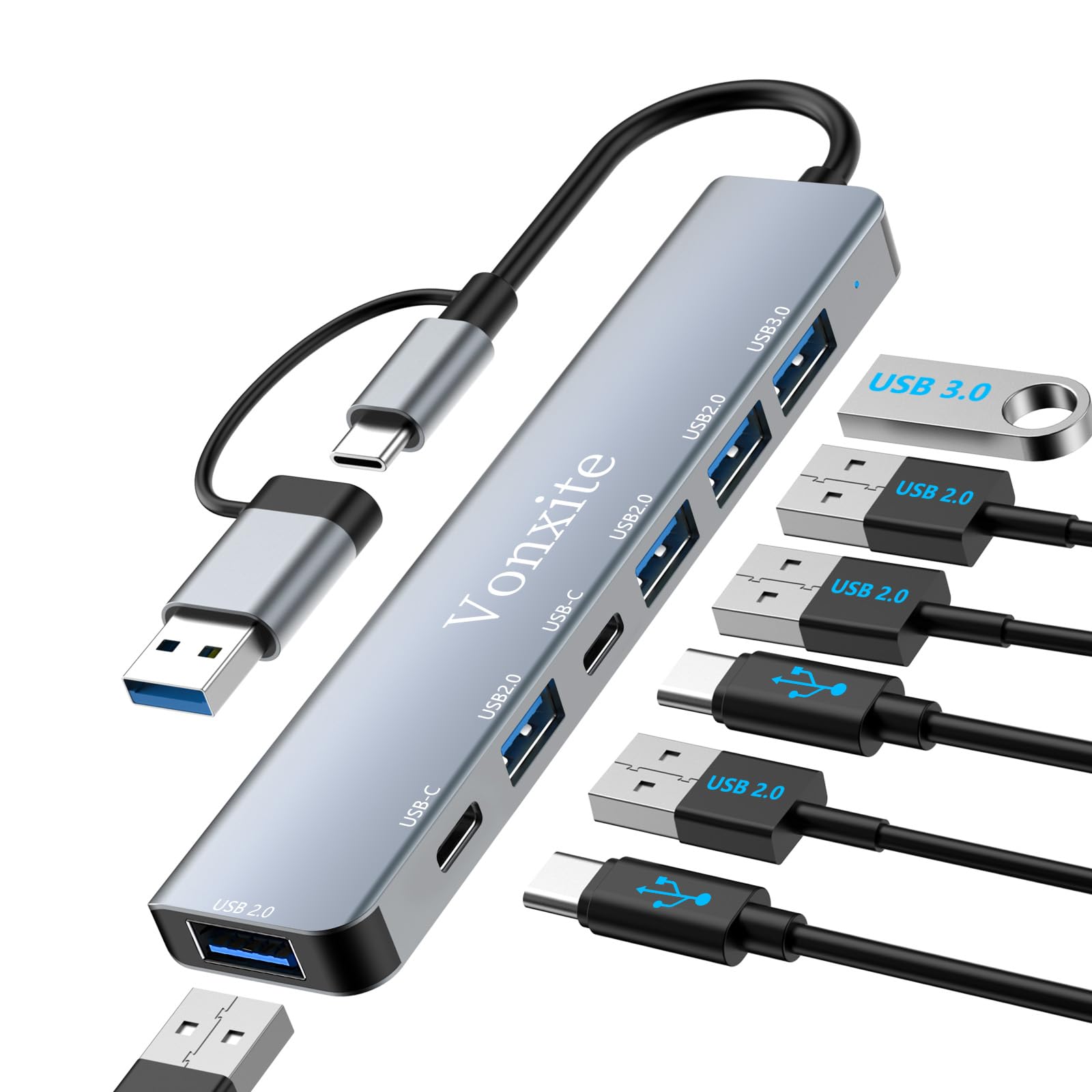 Hub USB 3.0,Hub USB C,7-en-2 Multiprise USB avec 1 Port USB 3.0/2 Ports USB-C/4 Ports USB 2.0,5Gbps Haute Vitesse Compatible avec MacBook/Pro/Mini,iMac,Surface,XPS,PC,HP,Dell,Ordinateur Portable ecc - 1