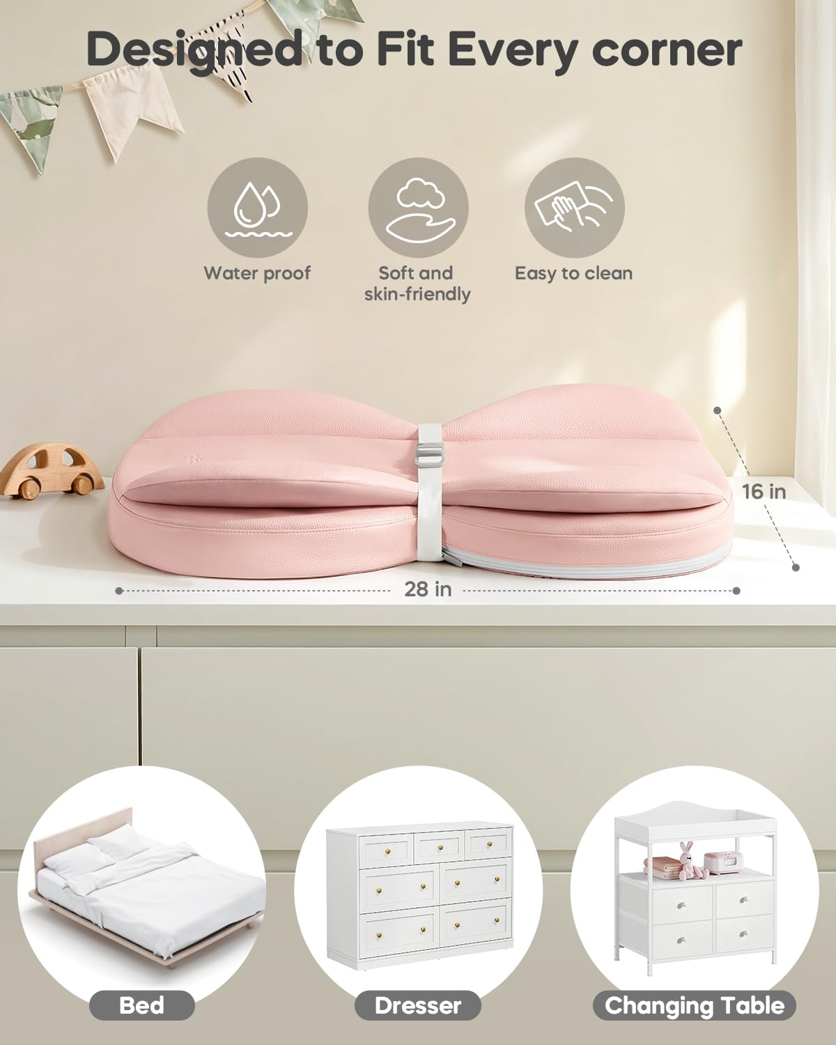 Baby Changing Pad with Waterproof & Wipe-Clean, Non-Slip PU Diaper Changing Pad, Adjustable Safety Belt, Changing Pad for Dresser, Changing Table,28"X16",Pink