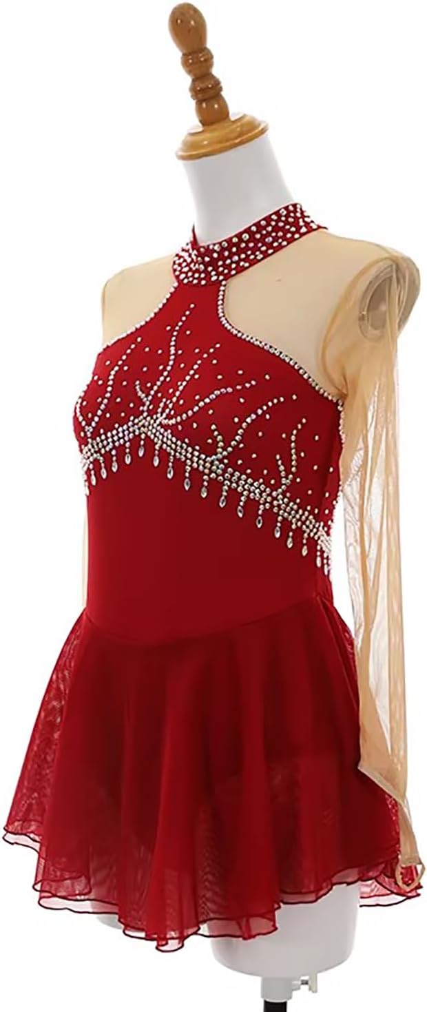Elegant red Figure Skating Dress for Women Long Sleeve Ice Skating Costume with Rhinestones