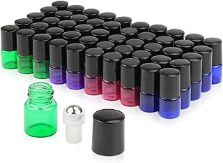 Pack of 50,1ml (1/4 Dram) Glass Roll on Bottle Mixed Color Sample Test Roller Essential Oil Vials Stainless Steel Roller Balls With Black Cap For Aromatherapy,Perfume Oils-Pipette included