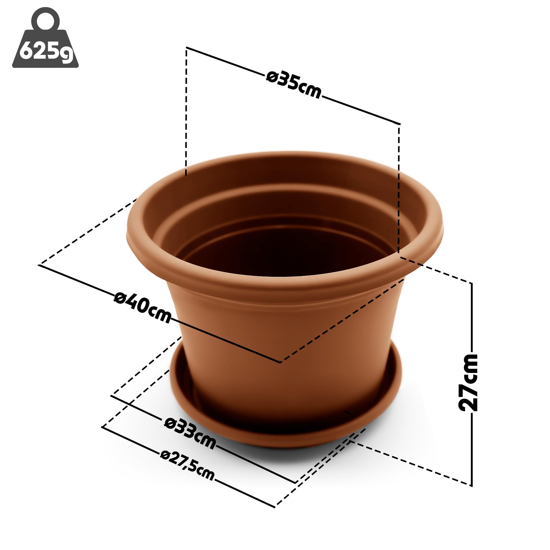 BigDean Lot de 8 pots de fleurs ronds avec soucoupe, diamètre : 40 cm, terre cuite, résistants aux intempéries, fabriqués en Europe