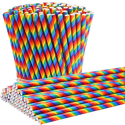 Tupa 150 Pieces Rainbow Paper Drinking Straws Biodegradable Stripe Paper Straws for Party Birthday Wedding Supplies Decorations