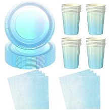 60pcs Holographic Laser Blue Party Tableware Set,Shiny Laser Sky Blue Disposable Dinnerware Paper Plates Cups and Napkins Kit for Birthday,Picnic,Baby Shower Party Supplies Table Decorations