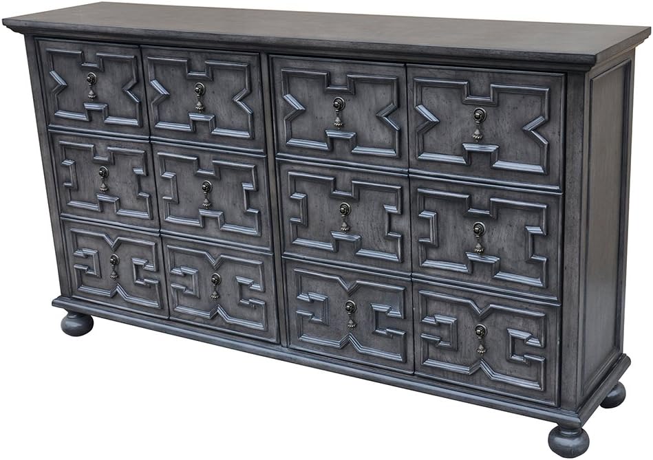 Crestview Collection CVFZR1800 Rutledge Antique Grey 4 Door Pattern Front Sideboard Furniture, Gray