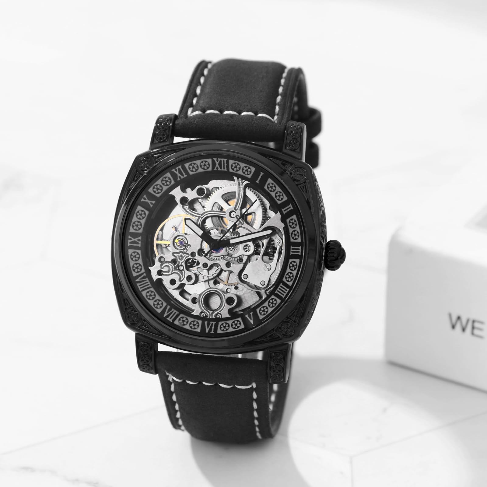 JewelryWe Męski zegarek na rękę ze szkieletem: klasyczny mechaniczny automatyczny zegarek czarna ramka szkielet tarcza ze stali nierdzewnej steampunk sukienka zegarek na Dzień Ojca Walentynki urodziny