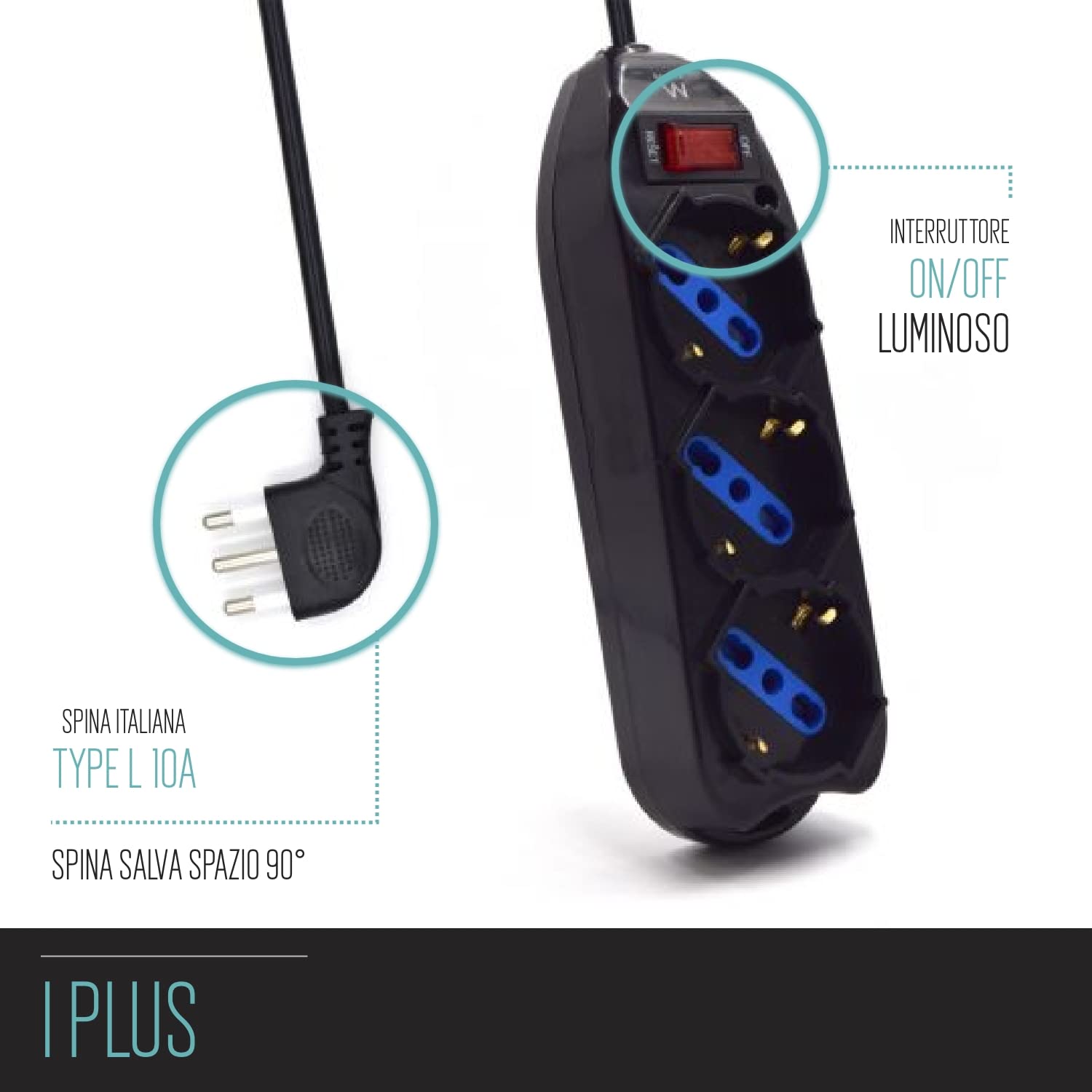 Multipresa a 3 Posti, Ciabatta Elettrica con 3 Prese Italiane 10/16A e Schuko/Tedesche - Spina Italiana 10A - Potenza 250V/2500W - Cavo da 1,5 Metri, Prese Angolate a 45°