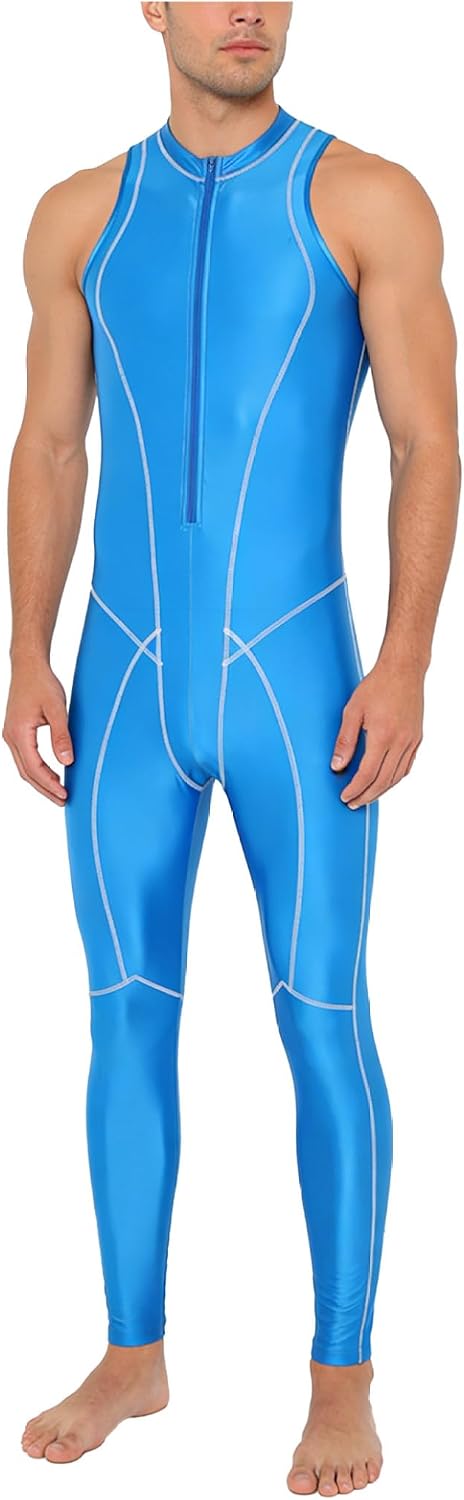 Oil Silky Bodysuit for Men Glossy Jumpsuit for Men Shiny Satin Glossy Zipper Front Clubwear Beachwear Blue XX-Large