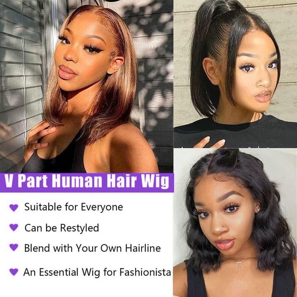 Bob V Part Human Hair Wigs For Black Women Human Hair Natural Black Color 10 Inch - Image 4