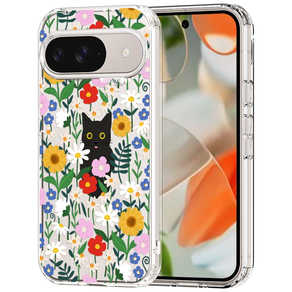 MOSNOVO Case for Google Pixel 9 & Pixel 9 Pro, [Buffertech 6.6ft Military-Grade Drop Protection] [Anti Peel Off Tech] Clear TPU Bumper Phone Case Cover Design - Black Cat in Garden