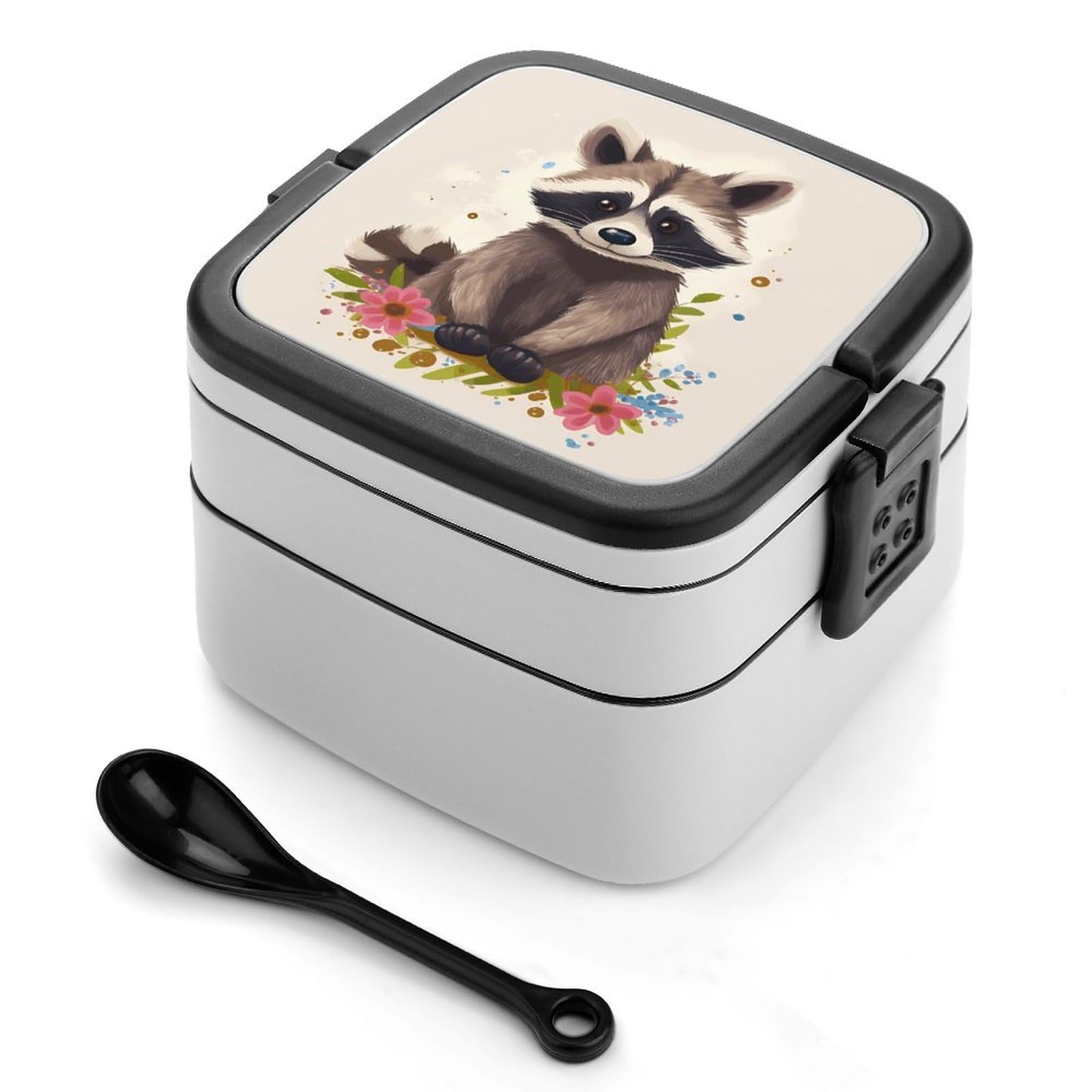 JTREHY Reusable Leakproof Bento Box,Raccoon Printed 2 Layer Stackable Lunch Box with Spoon Portable Large Lunch Box for Dining Out, Work, Picnic, Travel