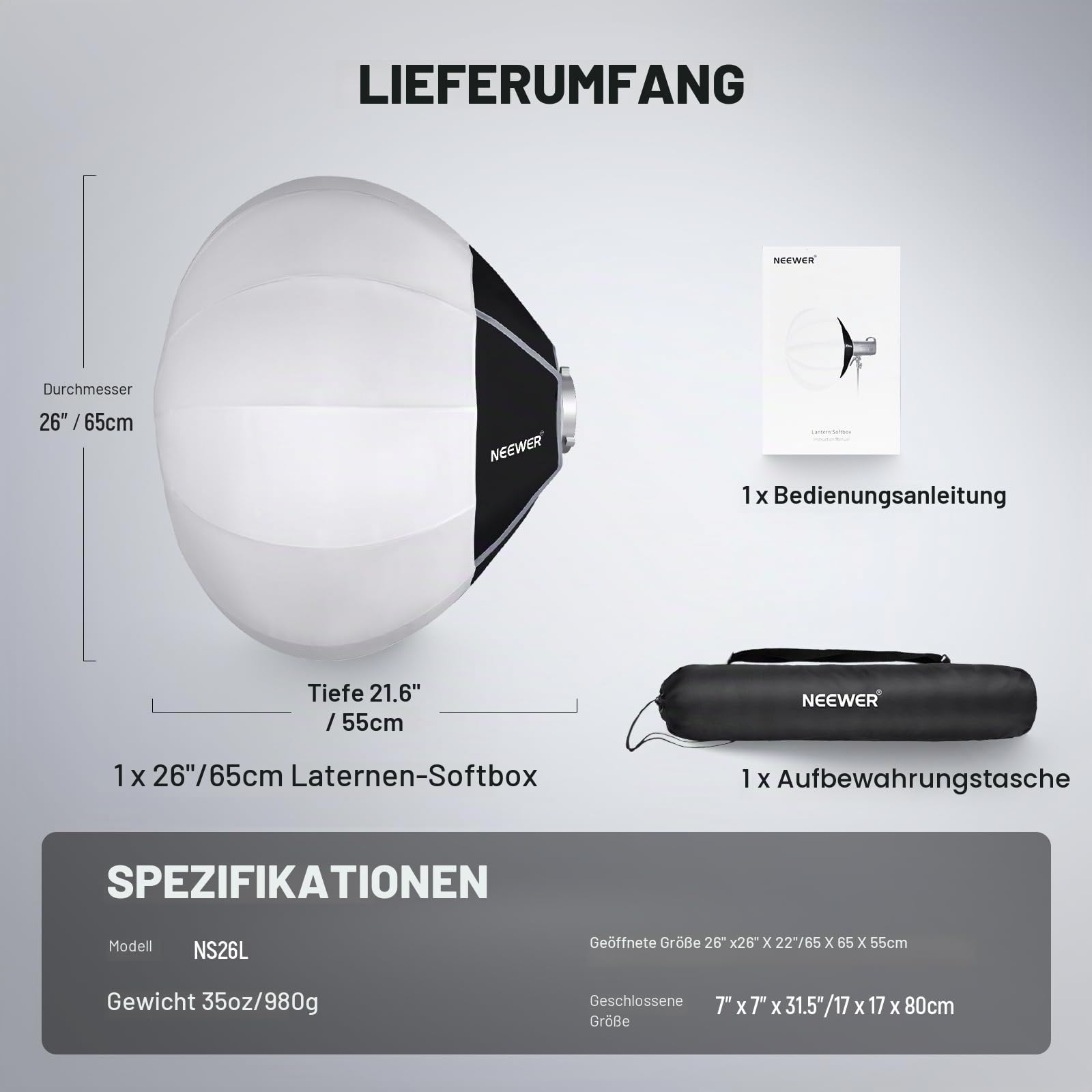 NEEWER 65cm Laternen Softbox, Schnellentriegelung, 360° Lichtdiffusor, Bowens Halterung, Softbox mit Leichter Nylonlegierung, für RGB CB60 CB60B CB200B MS60B MS60C MS150B, kontinuierliche LED, NS26L