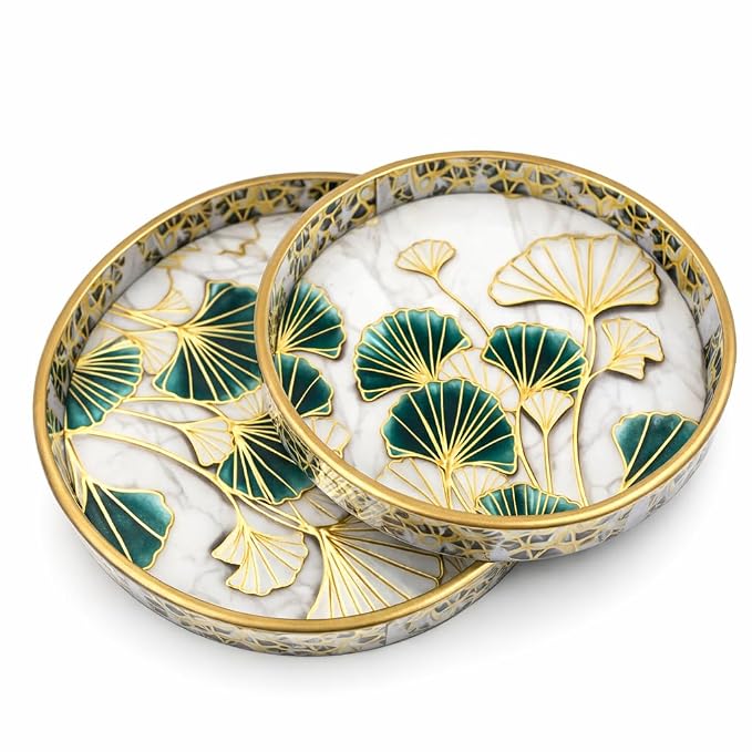 HusNain Wooden Round Tray Set of 2 with Printed Design Multipurpose Serving & Decorative Trays for Kitchen, Dining & Home Decor Finish Round Platters for Tea, Coffee, Snacks (Leaves Design)