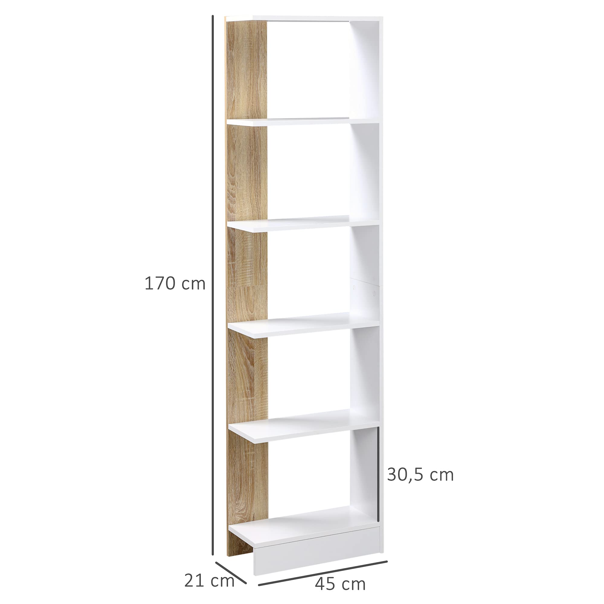 HOMCOM Bibliothèque Étagère de Rangement 45 x 21 x 170 cm Blanc et Chêne | 5 Compartiments Ouverts, Design Simple Moderne, Idéale pour Salon Chambre Bureau