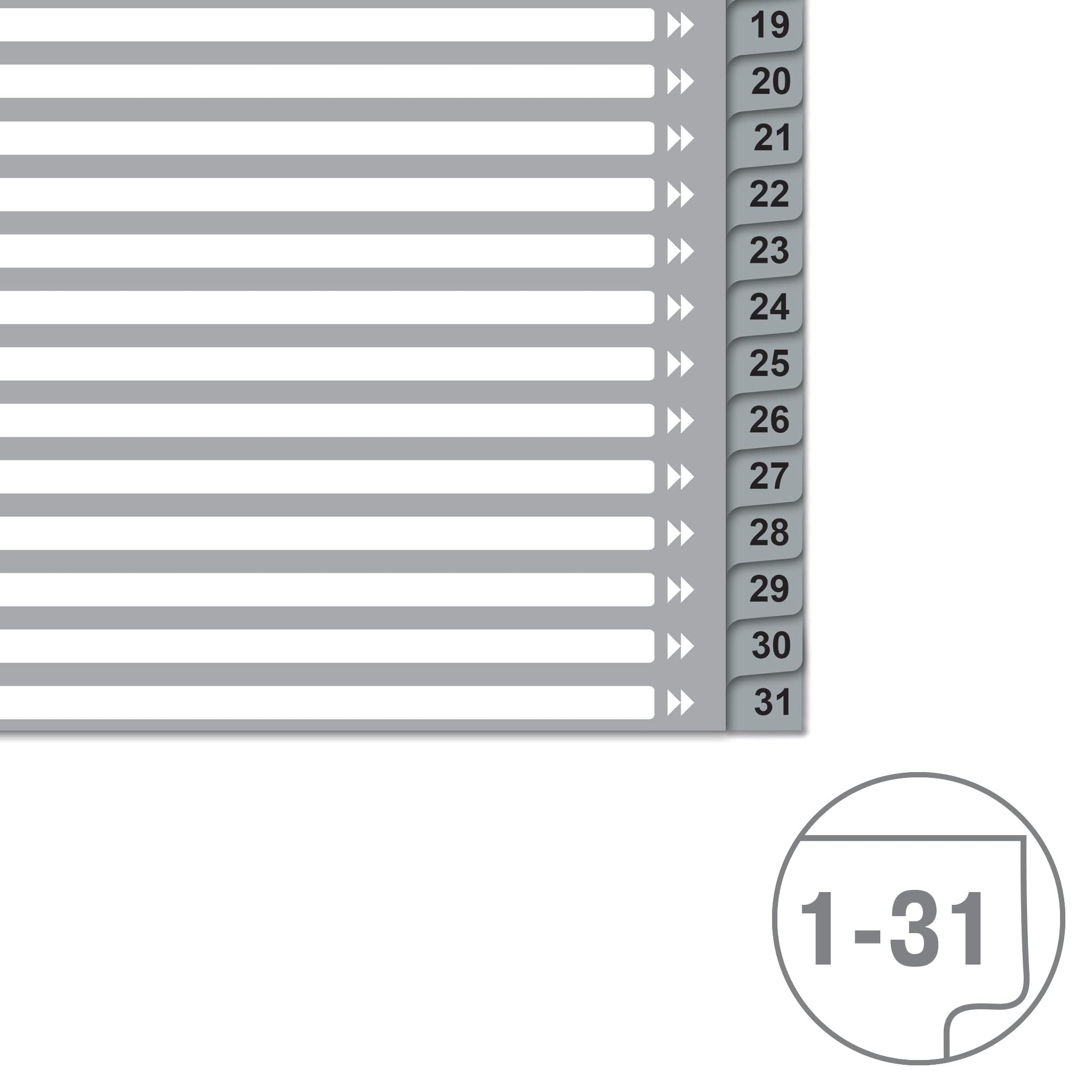 VON Leitz 10er Pack Zahlen-Register A4, 1-31 nummerirte Trennblätter für Ordner, PP, Extra breit, 11-Loch-Universalregister für Schnellhefter & Ringbücher, Grau, 12770085