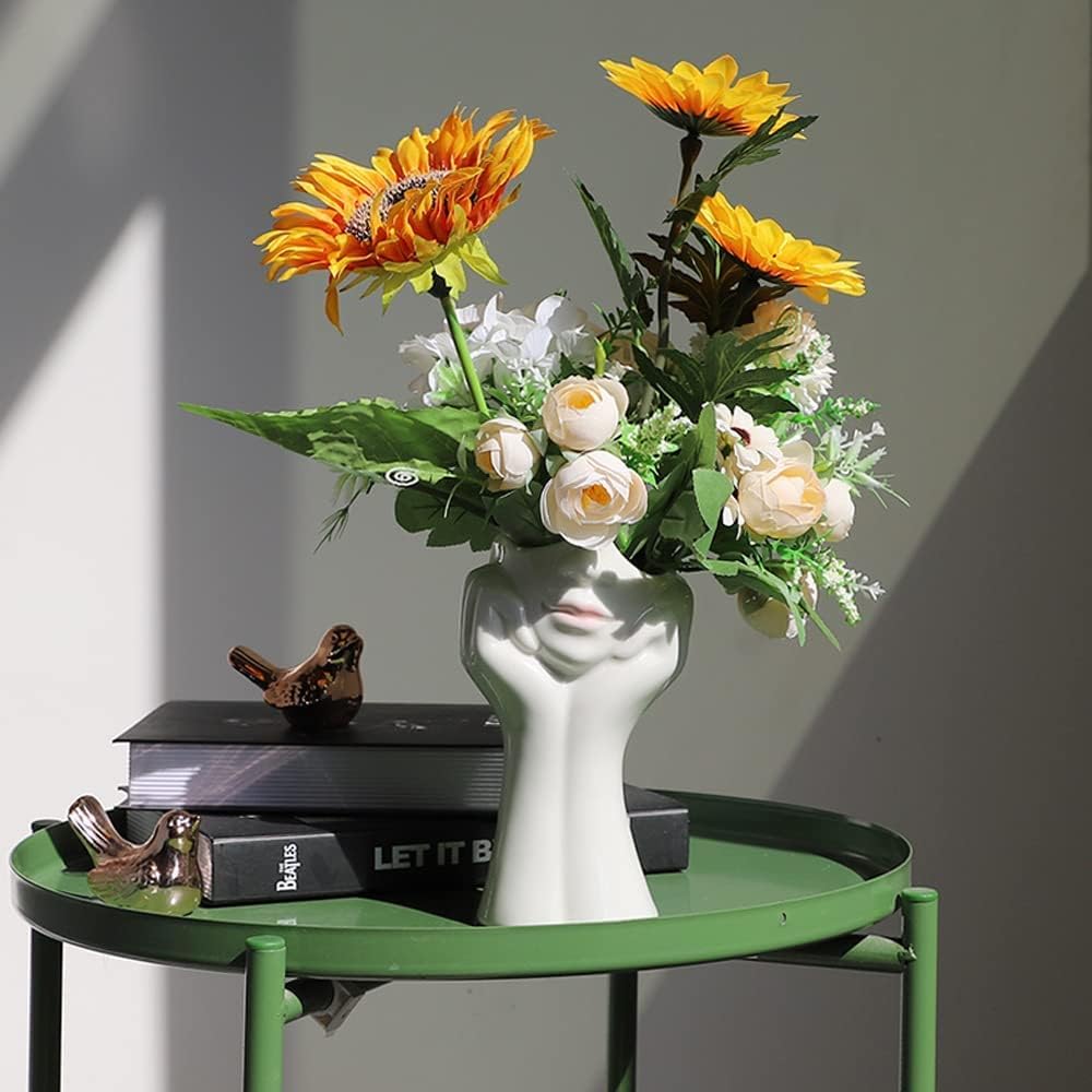 Female Head Face Vase, Ceramic Plant Pots, Flower Planter Figurines Statue Table Centerpieces Sculpture for Wedding Office Kitchen Home Decoration (#1 White with Pink Lip)