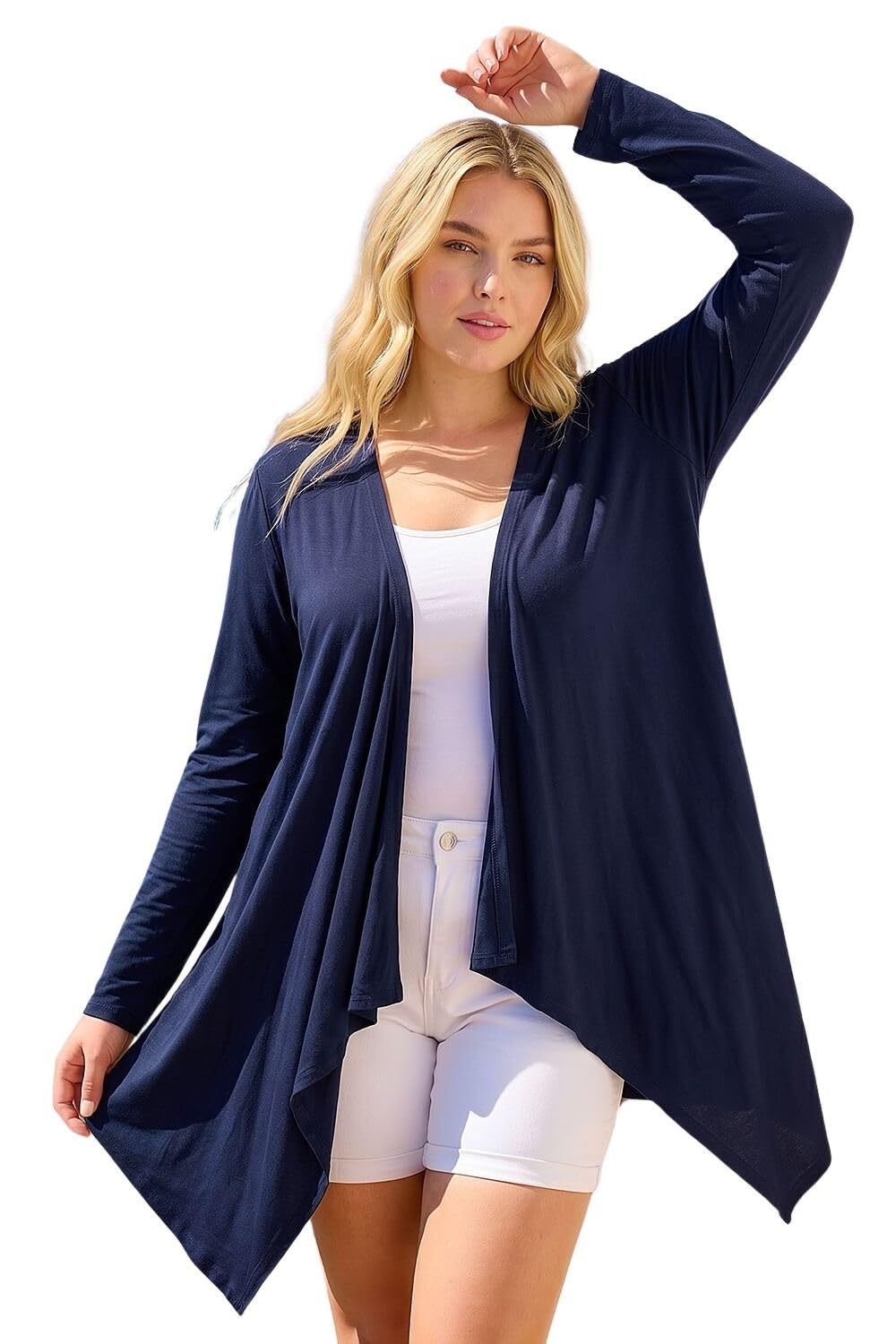 Roman Originals Women's Navy Roman Curve Waterfall Front Jersey Cardigan - Spring Everyday Summer Evening Vacation Work Holiday Long Sleeve Smart Casual - Size 22