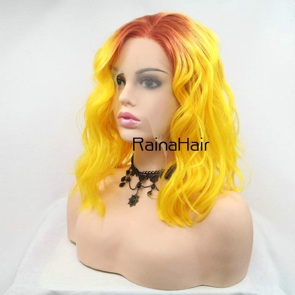 RainaHair 14inches Short Bob Lace Front Wig for Women Shoulder Lenght Synthetic Wigs for Cosplay Party Bob Hair Wigs (Orange Roots to Yellow) - Image 3