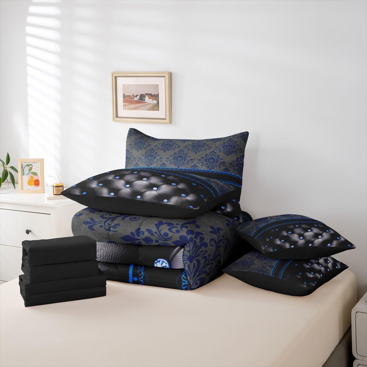 Blue Damask Bed in a Bag King Size Comforter Set 7-Piece,Luxury Black Diamond Texture Pattern Bohemian Bedding Sets Antique Decor Gothic Vintage Floral Comforter and Sheet Set, Boho Baroque Room Decor