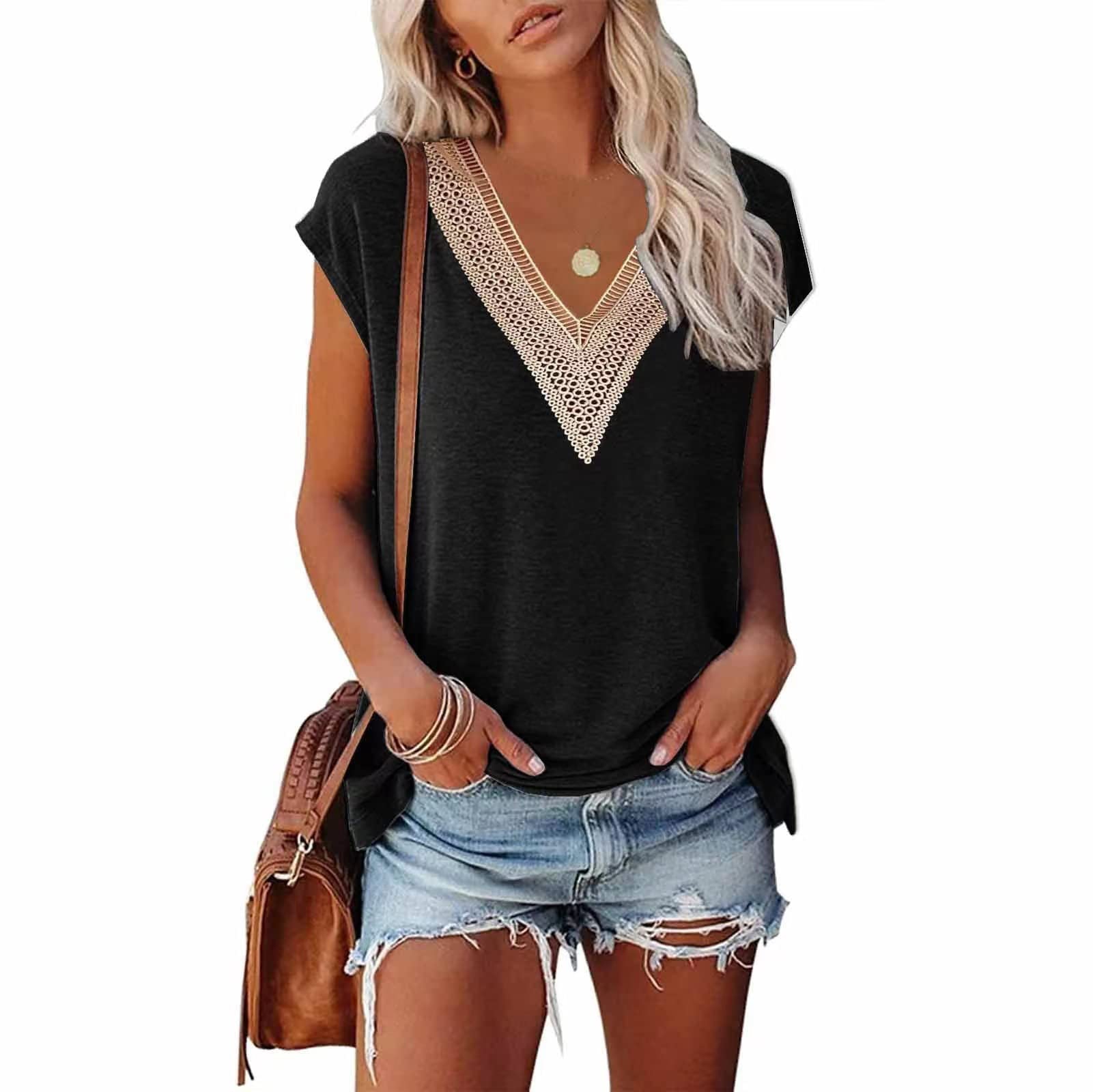 Hanaoops Camisa Manga Corta Mujer con Cuello en V de Encaje Verano Elegante Moda T-Shirt Sexy Casual Suelta Tops Blusa para Mujer