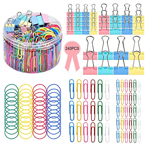 Papeleria Clips Pinzas De Papel De Papelería Clips De Carpeta Pinzas De Papel De Metal Clips De Oficina De Colores Contiene Sujetapapeles Gomas Elásticas Y De Binder Clip(240 Piezas) Cover