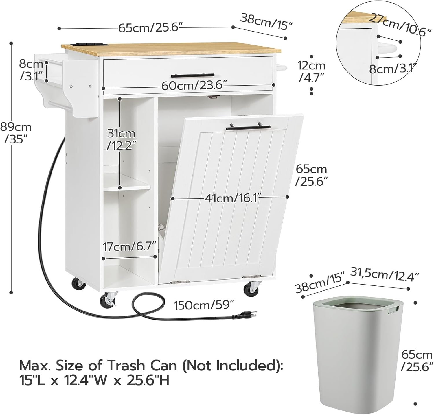 HOOBRO Kitchen Island with Trash Can Storage, Rolling Kitchen Island on Wheels, Kitchen Storage Island with Power Outlet, Mobile Islands Table for 10 Gallon Garbage Bin, Natural and White WN80UZD01G1