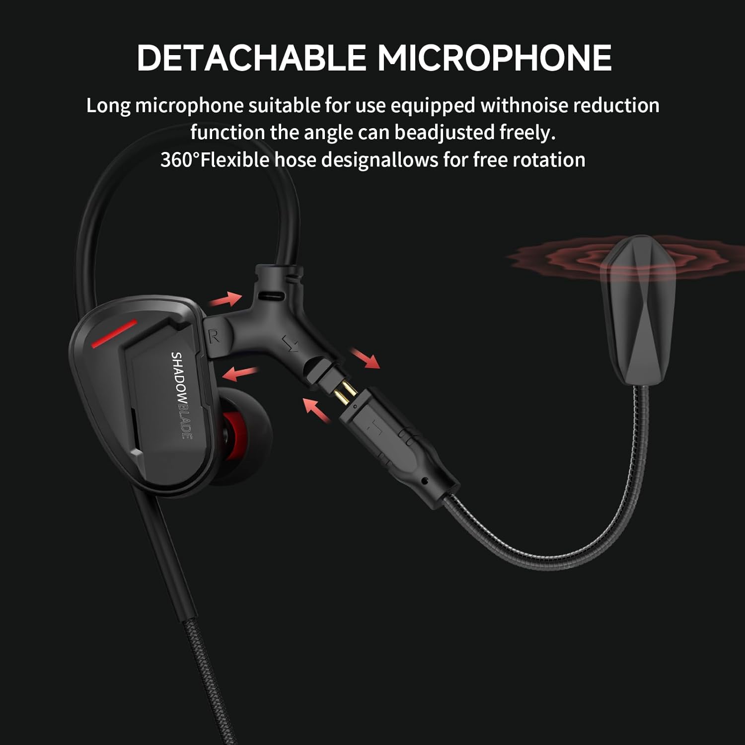 CVJ Shadow Blade in Ear Monitor Headphones, HiFi Wired Gaming Earbuds, Dual Microphone with Detachable Boom Mic, IEM Earphones with Detachable Cable for Gaming/Music/Video/Calling, Black