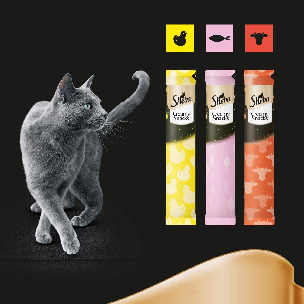 Sheba Creamy Snacks – Cremiges Katzen-Leckerli mit Huhn – Praktische Sticks zum aus der Hand Schlecken – 80 x 12g Katzenleckerchen