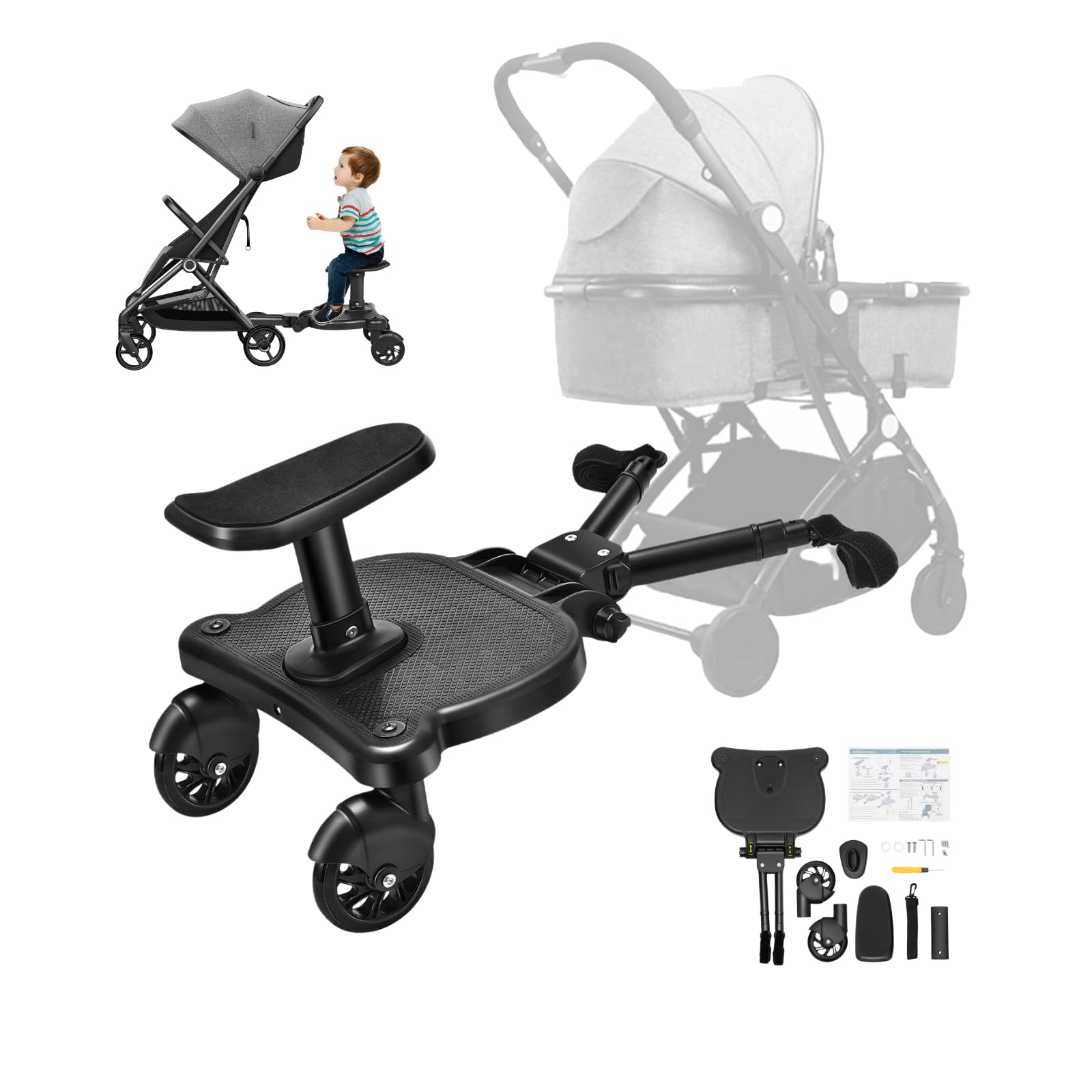 LENJKYYO Buggy Board, Buggyboard mit Sitz, Universal Trittbrett für Kinderwagen, Max. 30KG, 2-in-1 Mitfahrbrett für Geschwister, Schwarzes Kinderwagen Zubehör für Kinder 2-6 Jahre
