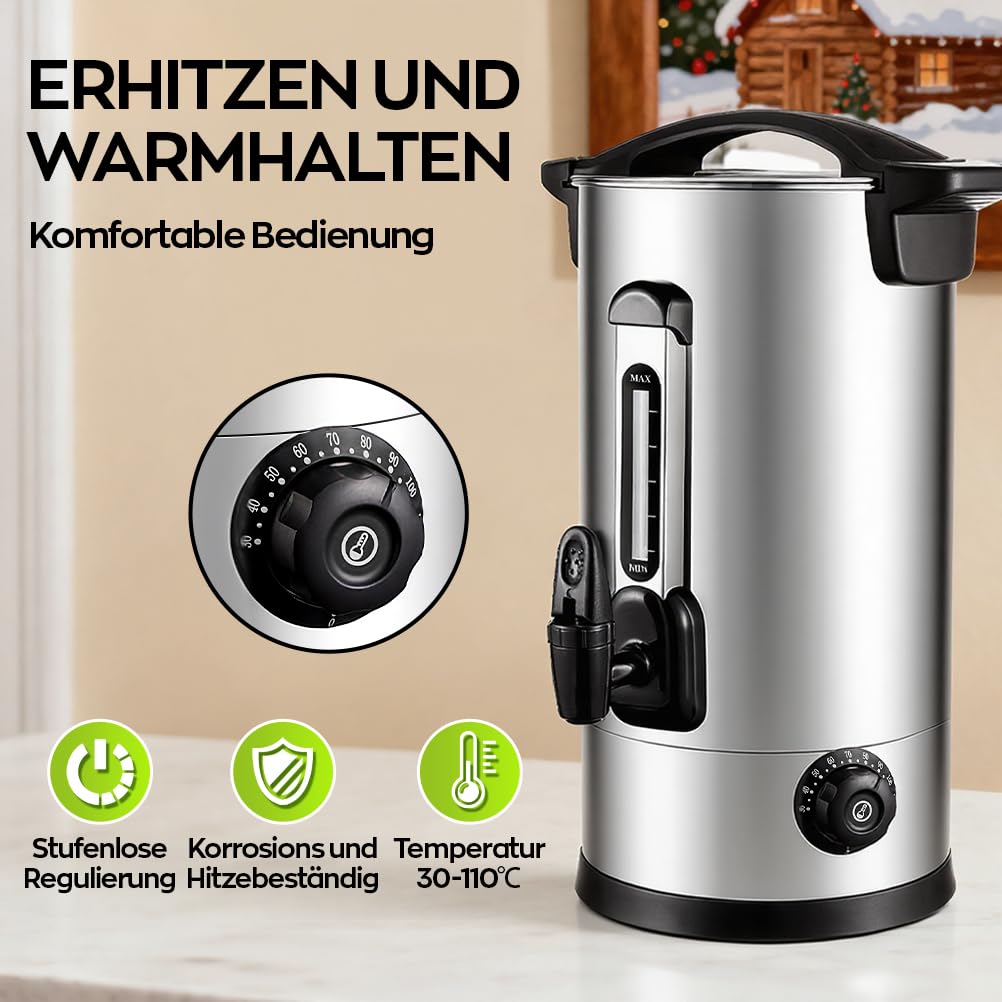 Glühweinkocher 8L Edelstahl 1800W Einkochautomat Zapfhahn Thermostat Heißgetränkespender 30-110°C