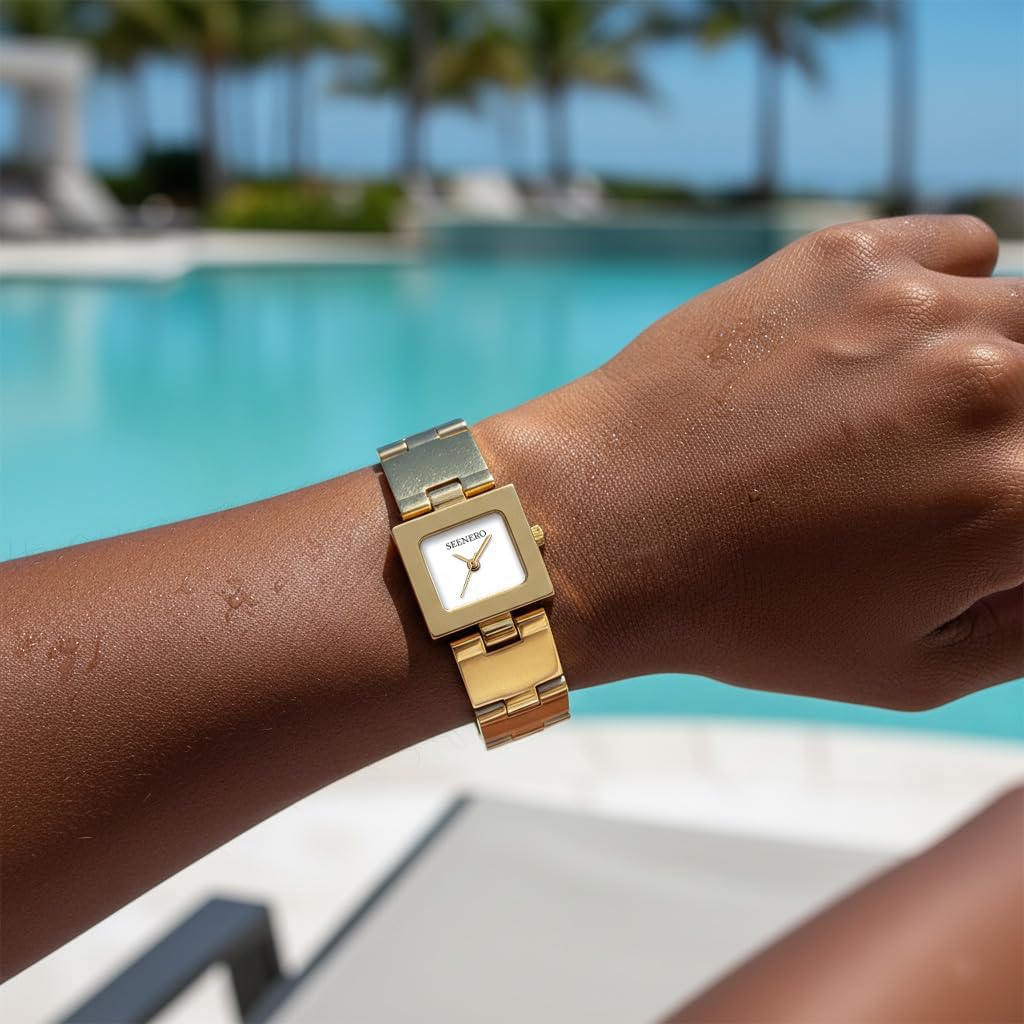 Womens Gold Watch Dainty Analog Dress Timepiece with Bangle Bracelet Minimalist Square Case Mother of Pearl Dial Water Resistant Fashion Designer Piece Inspired by Western Jewelry for Women - Image 7